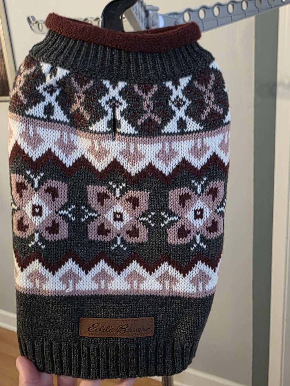 Eddie Bauer Fair Isle Dog Sweater - Charcoal & Mauve